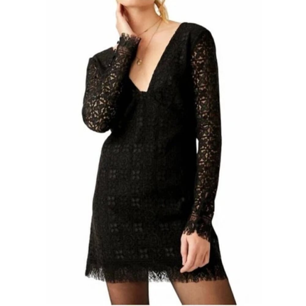 Free People Lace Dress Women's Size 2 Black Honey Honey Mini V-Neck Bow
